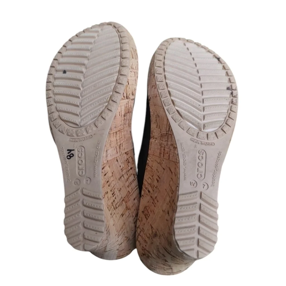 CROCS Black Leather Wedge Sandals Comfort